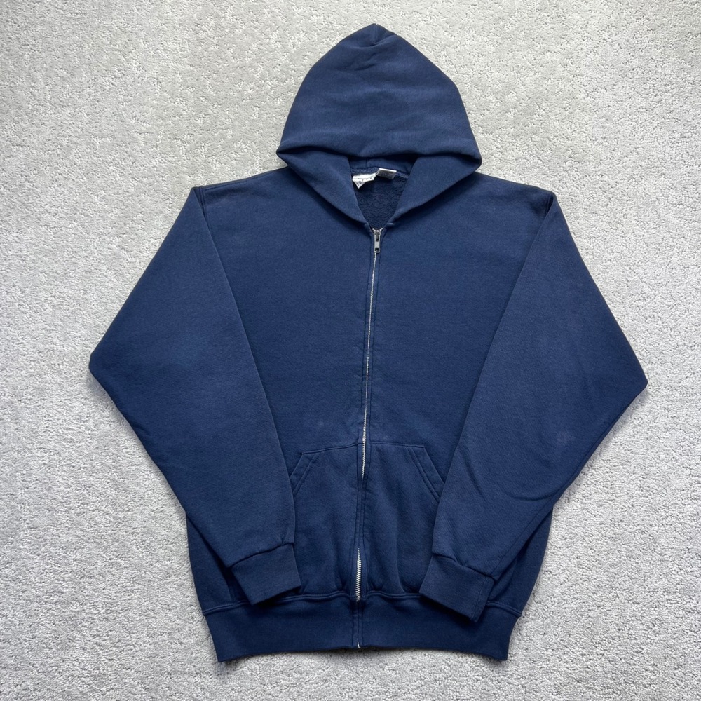 VINTAGE MJ Soffe Hoodie Size Large Navy Blue Full Zip Blank Fleece Sweatshirt
